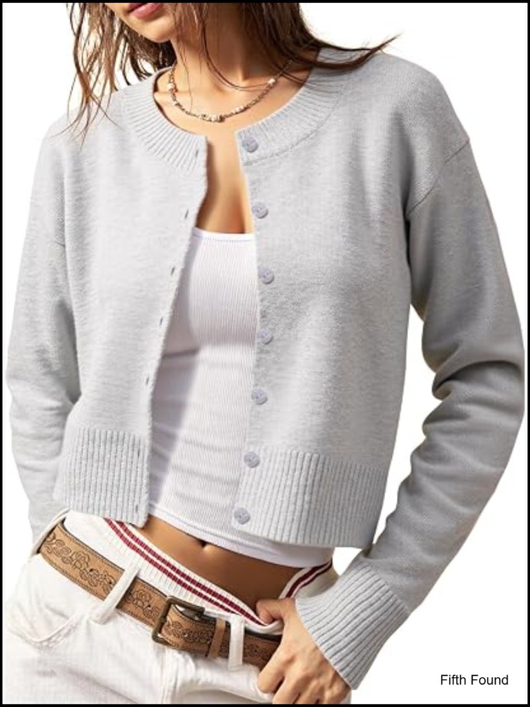 Cropped Knit Cardigan Button Down Long Sleeve Slim Fit Layering Top